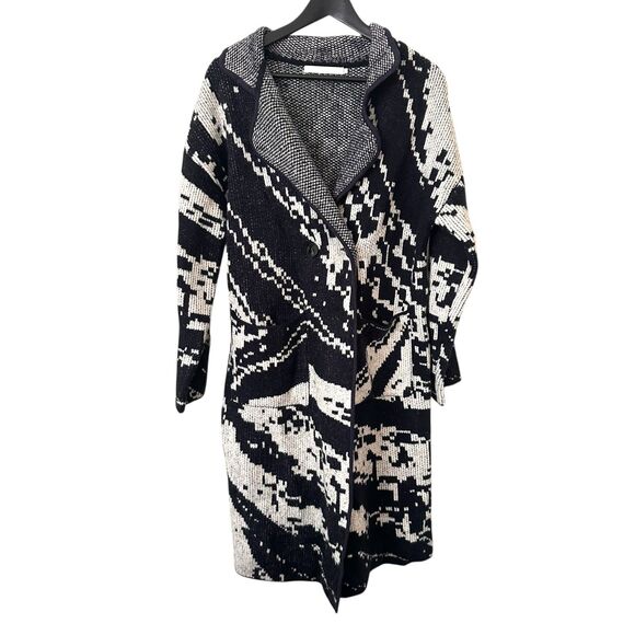 ONE GREY DAY Patterned Wool Blend Long Cardigan Navy/White Small - Picture 2 of 5